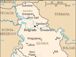 Mapa del Ministerio de Exteriores de España de Serbia Y Montenegro . Nótese la especial demarcación de la provincia de Kosovo y Metohija