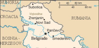 Mapa del Ministerio de Exteriores de España de Serbia Y Montenegro . Nótese la especial demarcación de la provincia de Kosovo y Metohija