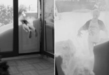 Una montaña de nieve en la entrada de una casa se convierte en un parque de juegos para niños